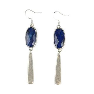 Lapis Lazuli Etched Bar Dangle Earrings, the pair on a white background