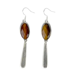 Tiger's Eye Cabochon Dangle Earrings, the pair on a white background