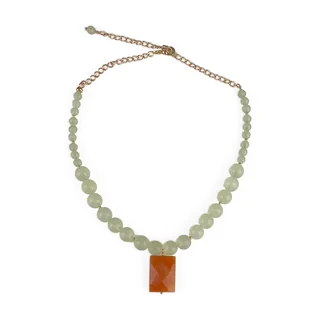 Pale Green Chalcedony and Orange Agate Necklace laid flat on a white background