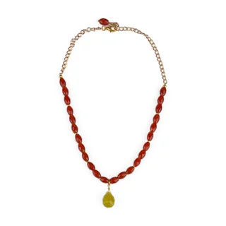 Olive Jade and Carnelian Statement Necklace laid flat on a white background