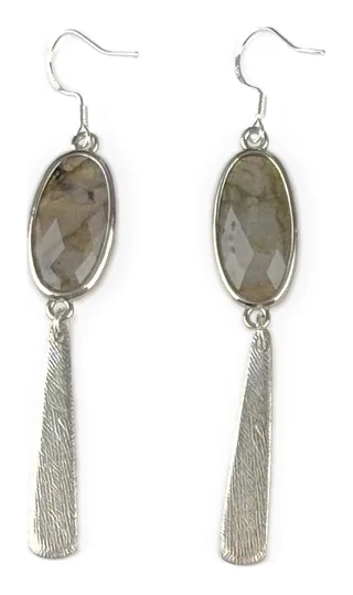 Labradorite Drop Earrings with Etched Bar, the pair on a white background