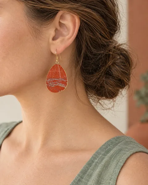 The Red Jasper Slice Earrings, worn